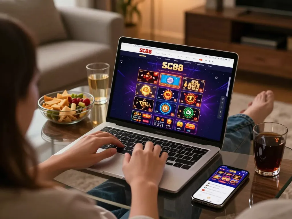 Engaged players enjoying SC88 online casino gaming experience with modern technology setup.