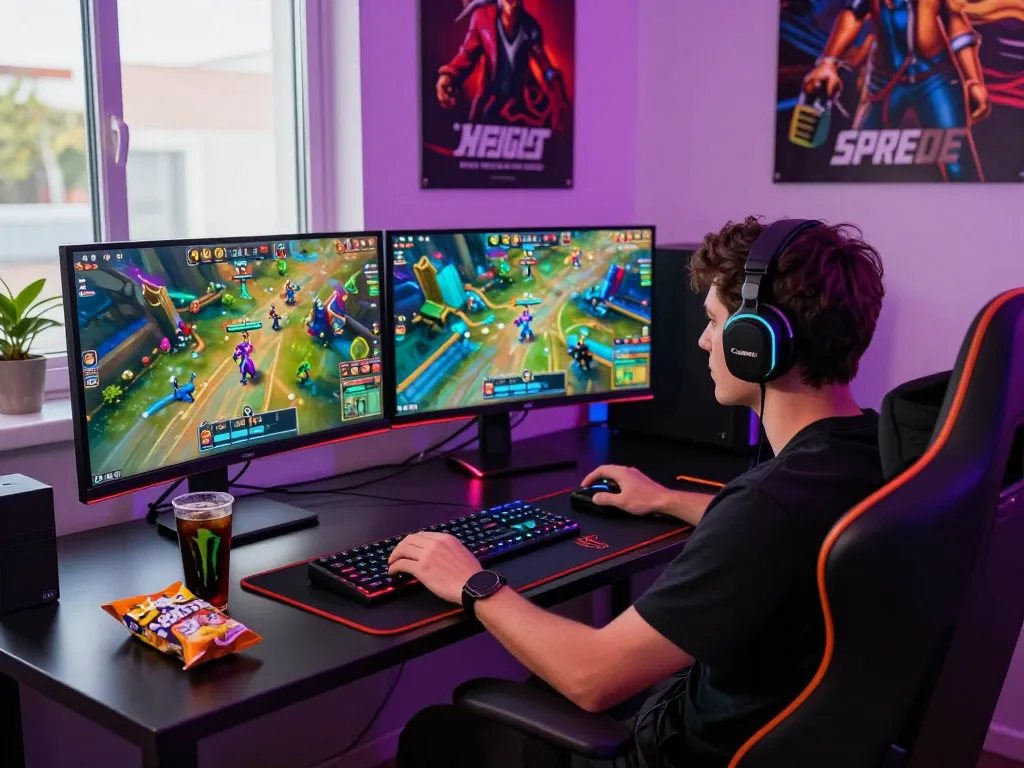 Gamer engaging with thrilling online games at Onbet, showcasing modern gaming setup and vibrant atmosphere.