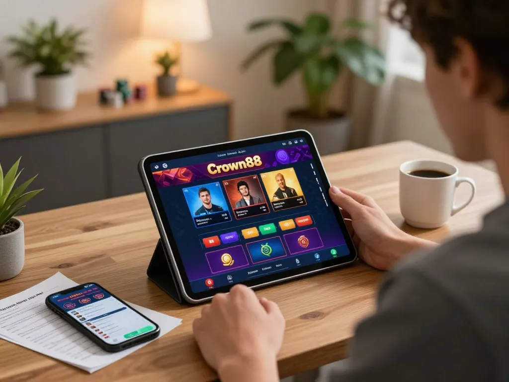 Crown88 online gambling action with player using tablet and strategies at home