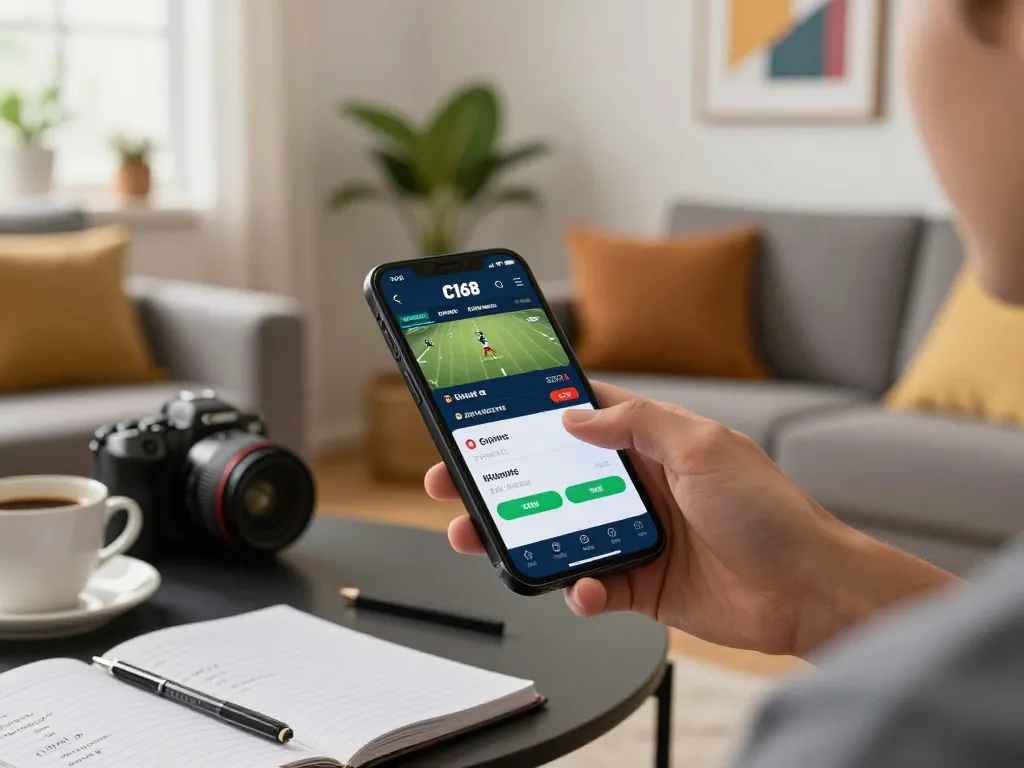 C168 bet mobile app displayed in a modern living room, showcasing engaging sports betting.