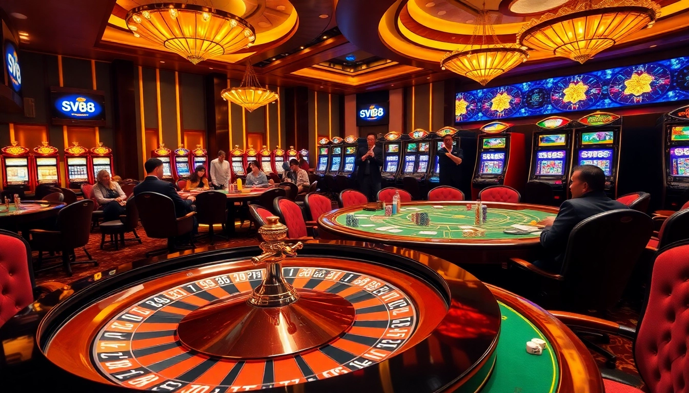 Exciting SV88 casino scene with roulette wheel, poker chips, and lively players.