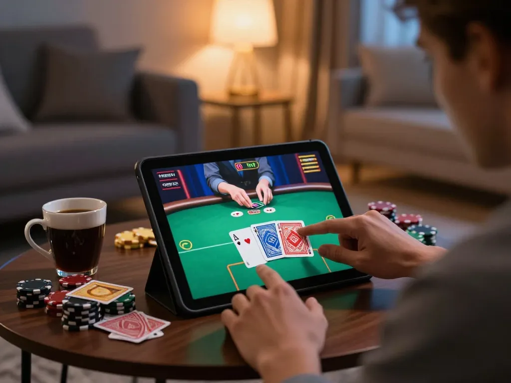 Engaging player enjoying online poker on tablet in cozy living room, 789winii gaming experience.