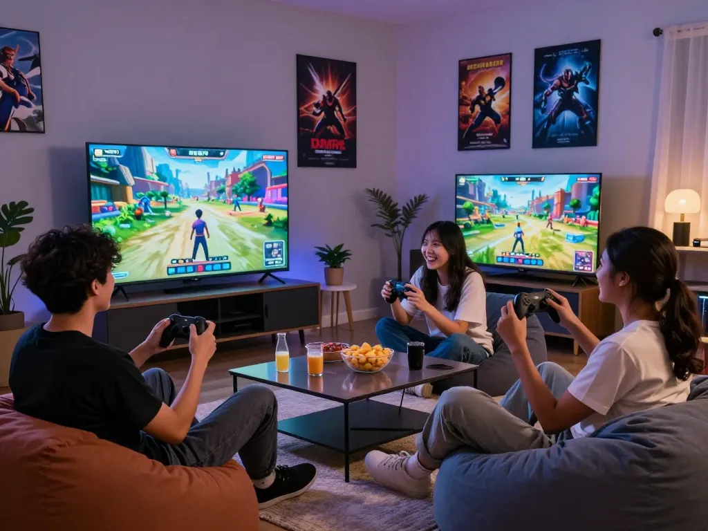 Friends enjoying a gaming night with Sun Win console and snacks in a cozy living room.