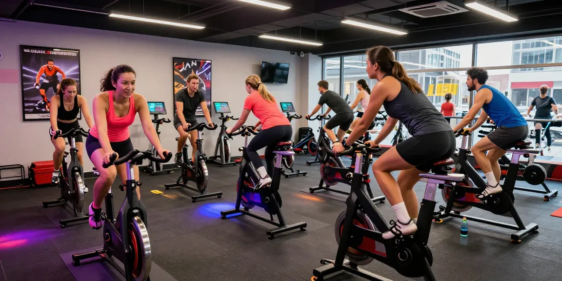 Engaging indoor cycling class showcasing active participants and modern fitness equipment reflecting ia +18 trends in 2026.