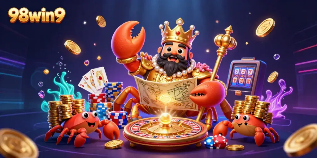 Engage in thrilling gambling adventures with 98win9 featuring a golden crab emperor in a vibrant casino scene.