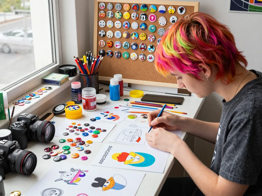 Creative workspace featuring custom button pins, design materials, and an artist at work.