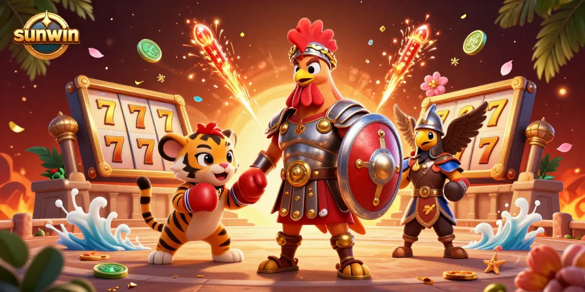 Experience the excitement of sunwin with a gladiator rooster and tiger cub sparring in a vibrant casino scene.