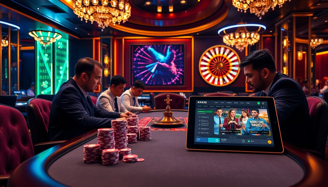 Players engaged at a KK55 poker table in an immersive casino environment
