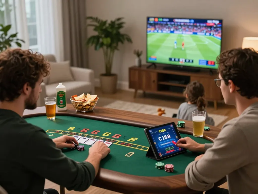 C168 casino player enjoying live blackjack on a tablet in a cozy home setup with snacks and a sports game on TV.