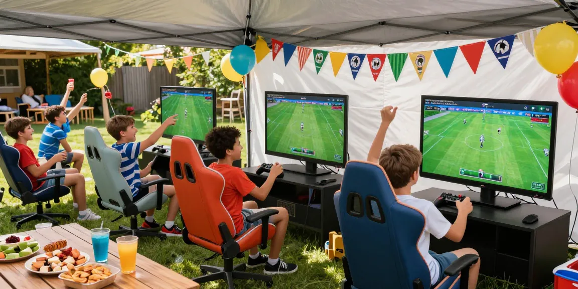 boys birthday party with kids playing video games in a vibrant tent setup