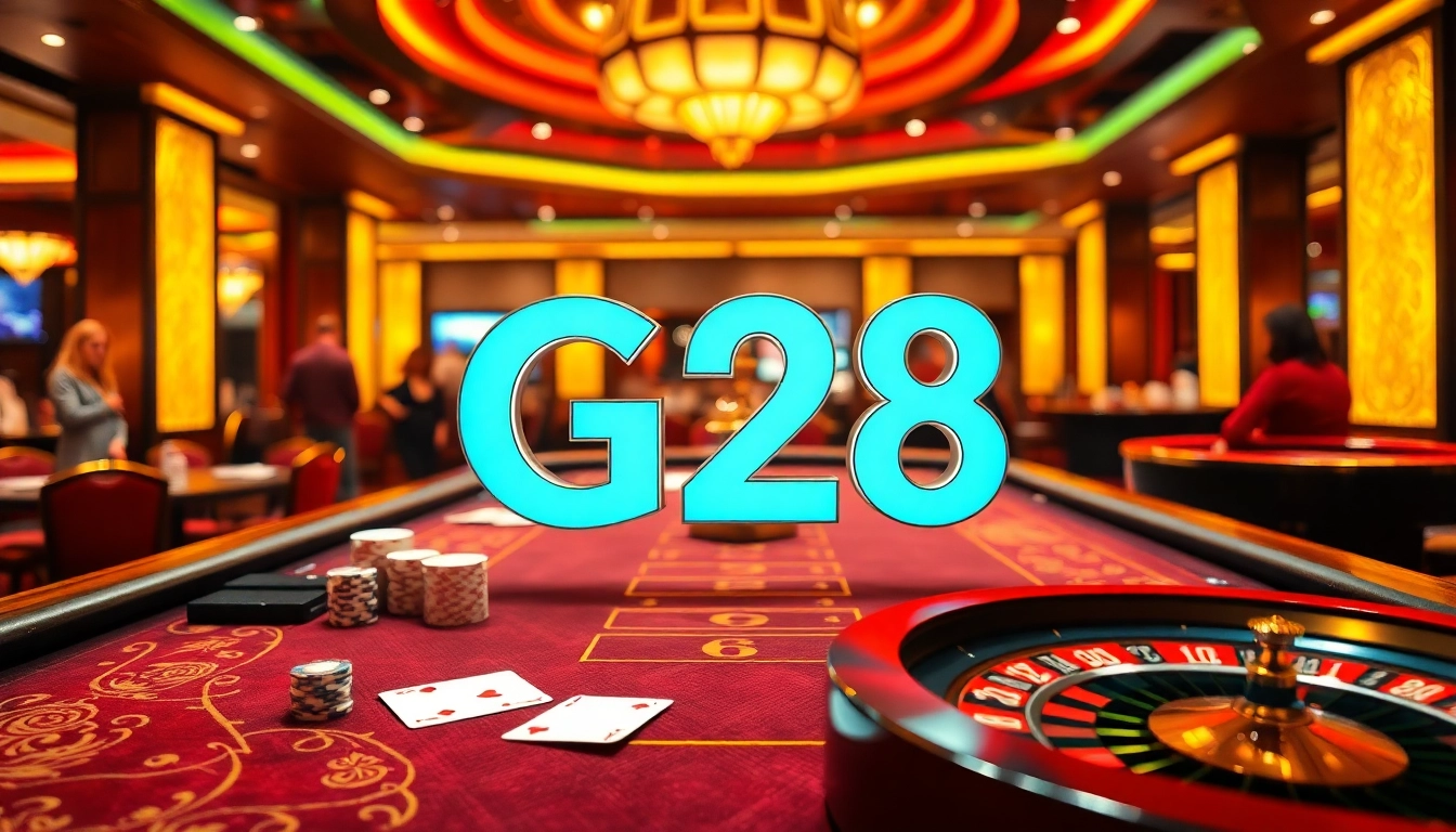 Experience the excitement of G28 gaming with vibrant casino visuals including cards and roulette.