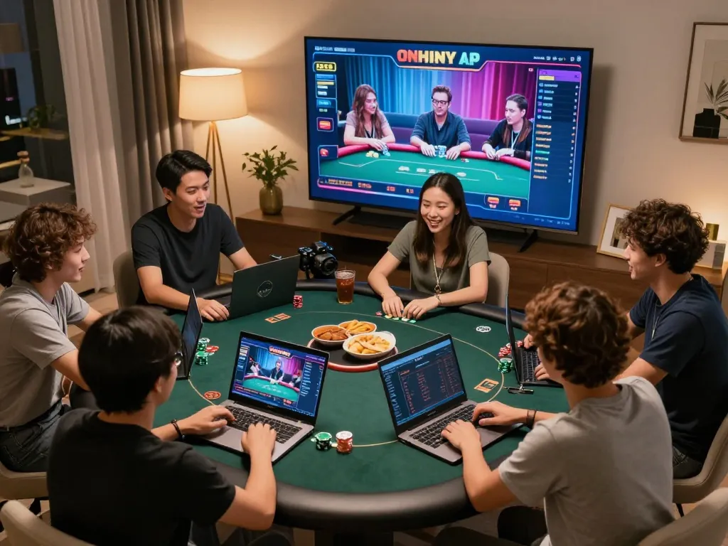 Players strategizing during an online poker game at home, highlighting nhà cái uy tín Sunwin atmosphere.