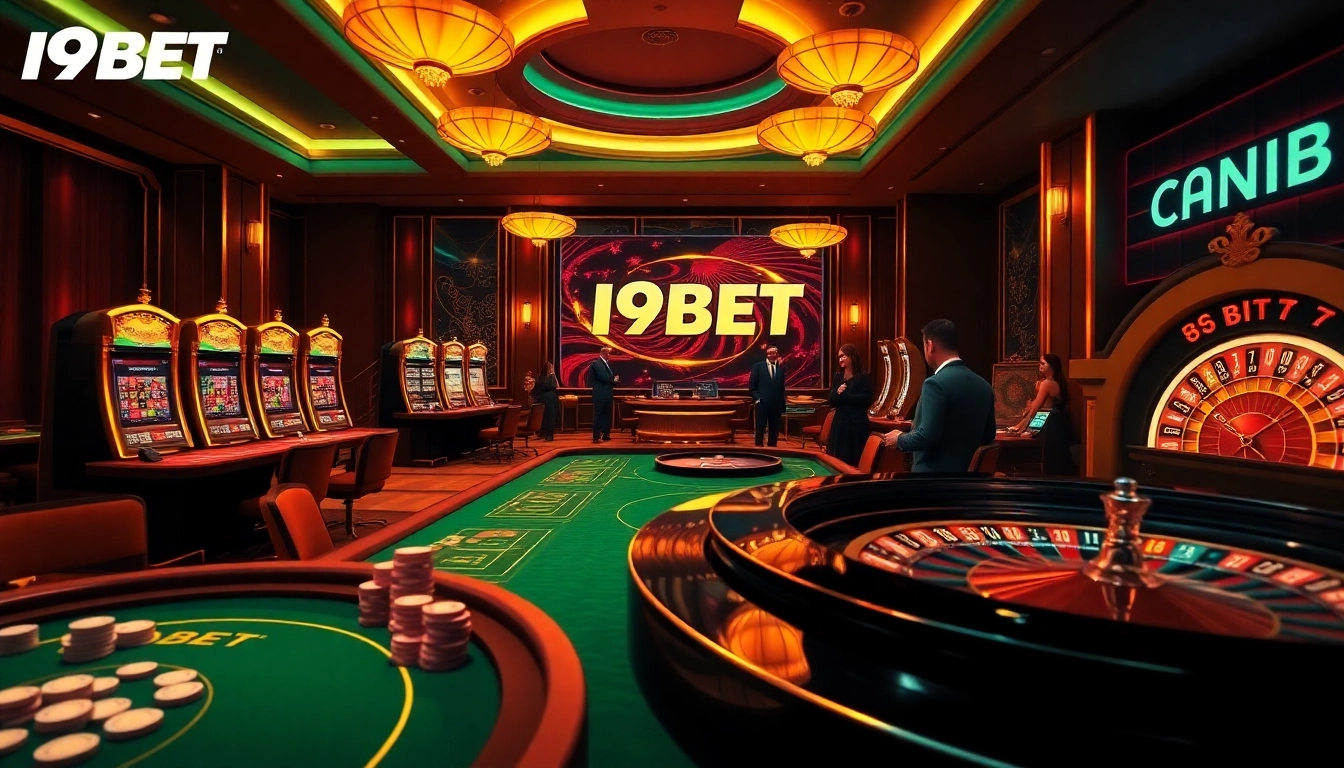 I9BET online casino features vibrant gaming with poker chips and slot machines.