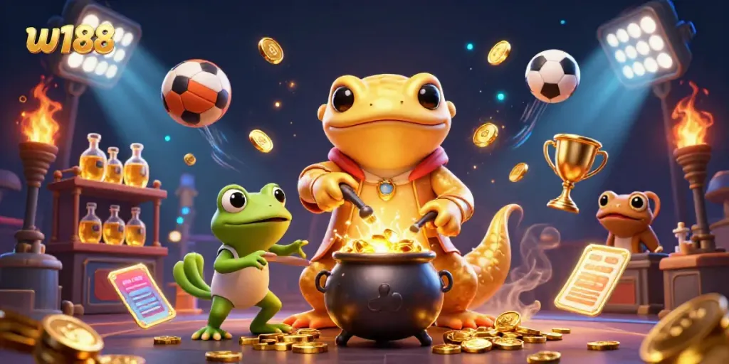 Experience the excitement of w188 with a vibrant casino-themed 3D illustration showcasing dynamic sports and golden elements.