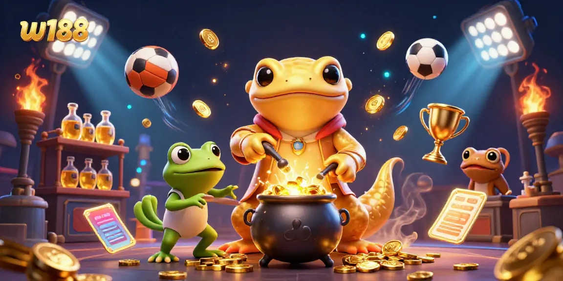 Experience the excitement of w188 with a vibrant casino-themed 3D illustration showcasing dynamic sports and golden elements.
