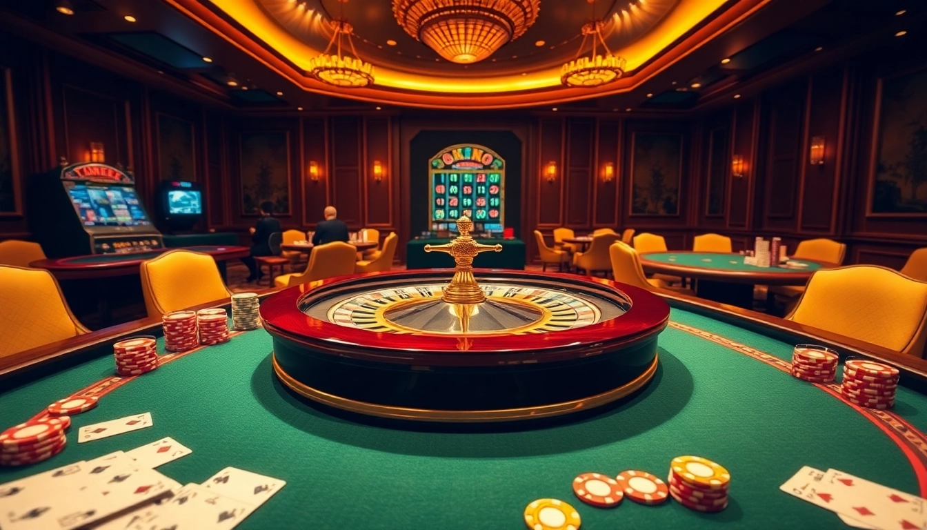 Betting excitement at https://jun88.pizza/ with a lively casino scene featuring roulette and cards.