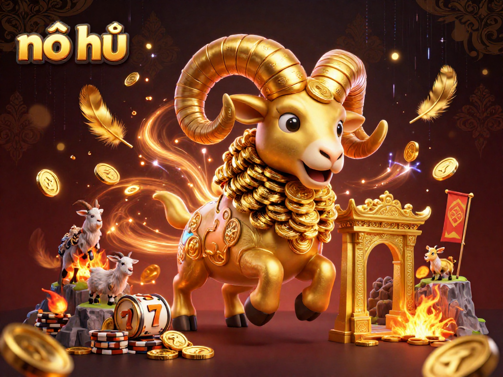 Engage with nổ hũ as a golden ram charges through a dynamic casino scene filled with coins and slot reels.