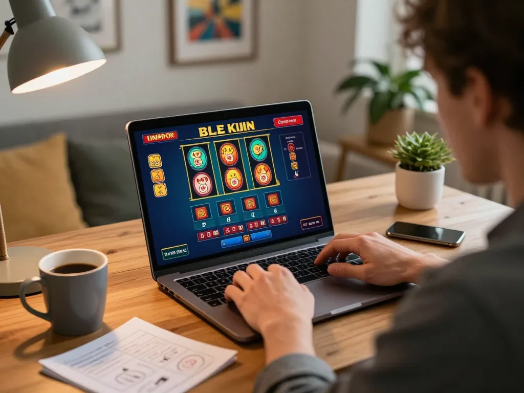 Engaging player enjoys online casino games on laptop, showcasing SC888 slots and strategies.