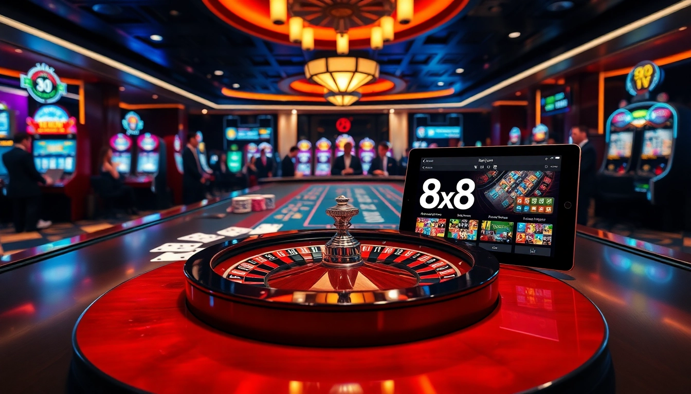 Exciting casino scene illustrating gambling activities at 8xx.com with vibrant tables and players.