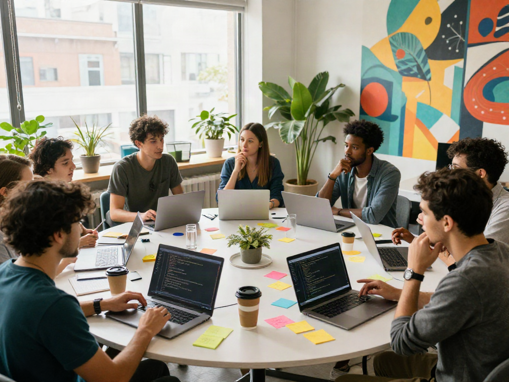 Collaborative scene of young professionals discussing ai slut technology in a vibrant workspace.