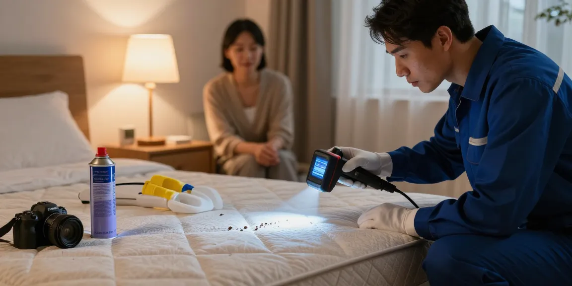 Bed bug exterminator using thermal imaging in a residential bedroom to ensure effective pest control.