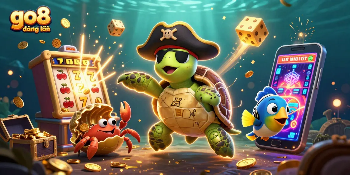 Engage with go8 đăng nhập as you explore an underwater treasure scene filled with slot machines, golden coins, and vibrant sea characters.