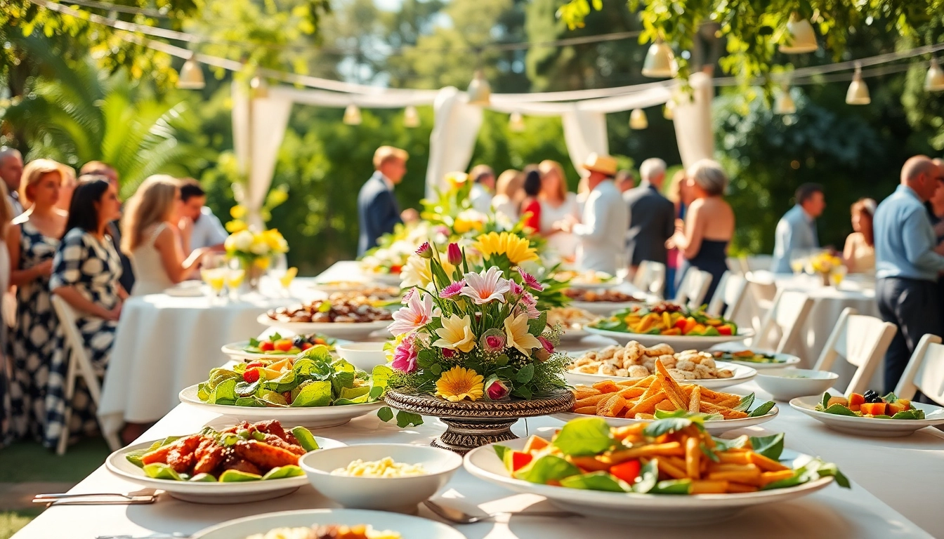 Guests enjoying a vibrant catering setup with gourmet dishes at cateringhirelondon's elegant outdoor event.