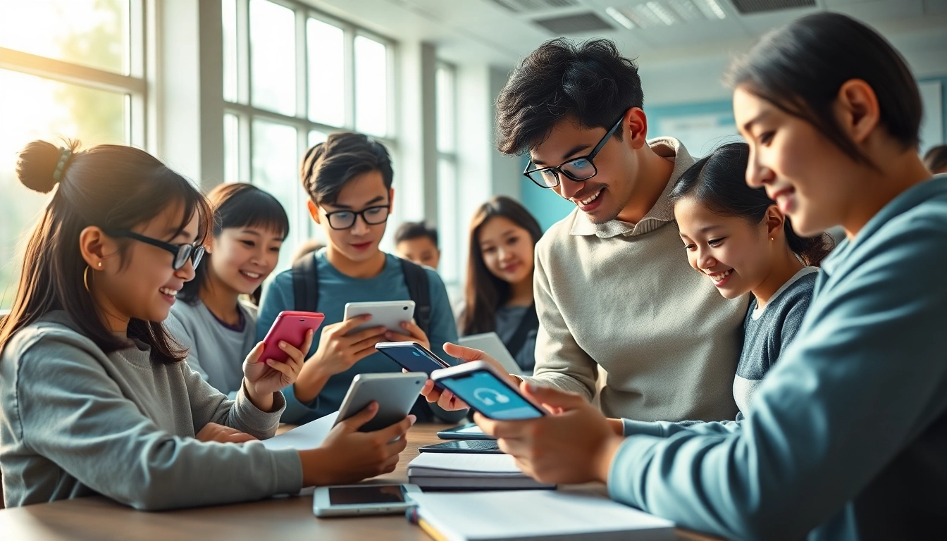 A dynamic classroom scene illustrating students using 有道 translation app on devices, promoting modern language learning.