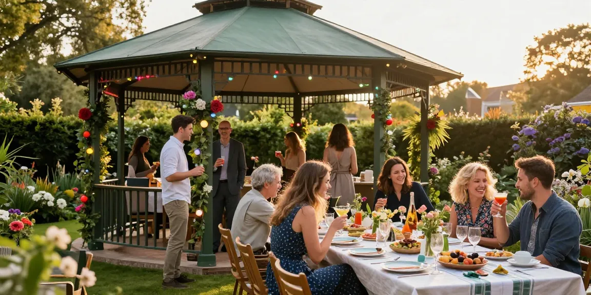 Stylish garden gazebo setup for a lively outdoor event in London at https://www.gazebohirelondon.co.uk/ with friends enjoying under decorations and warm sunset light.