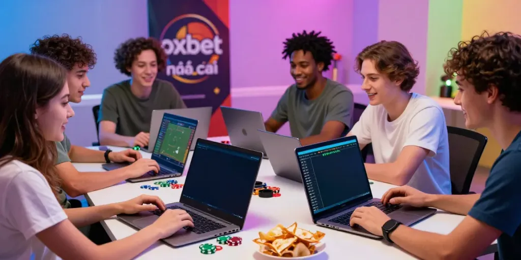 Energetic group enjoying online gaming session with oxbet nhà cái on screens, showcasing sports betting excitement.