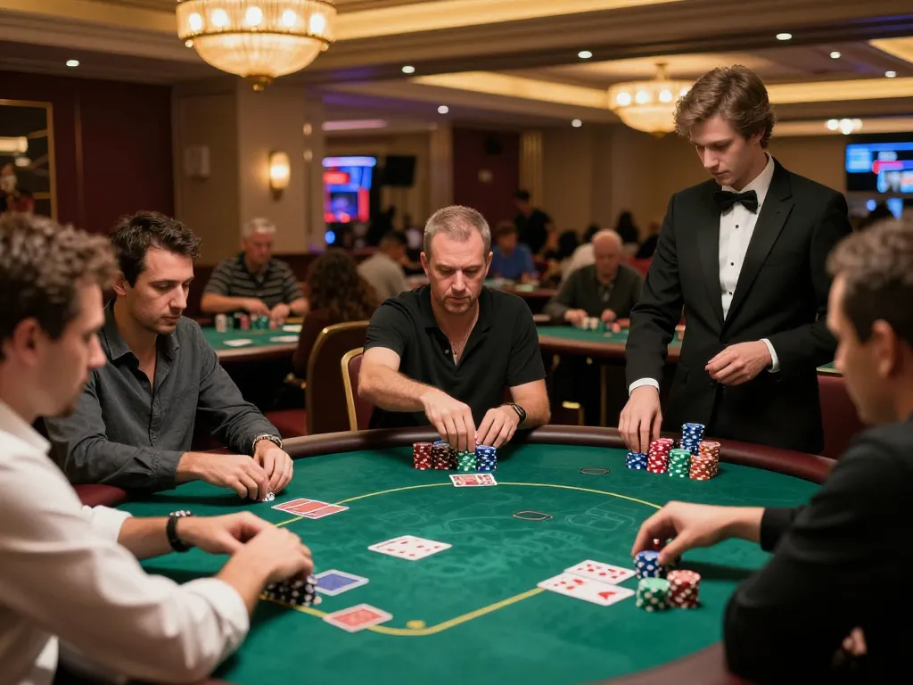 Hbet poker tournament featuring players at a green felt table in a vibrant casino.