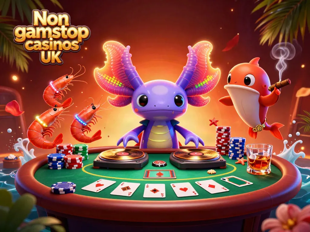 Experience the lively atmosphere of Non gamstop casinos UK with a vibrant 3D casino scene featuring a DJ axolotl and lively sea creatures.