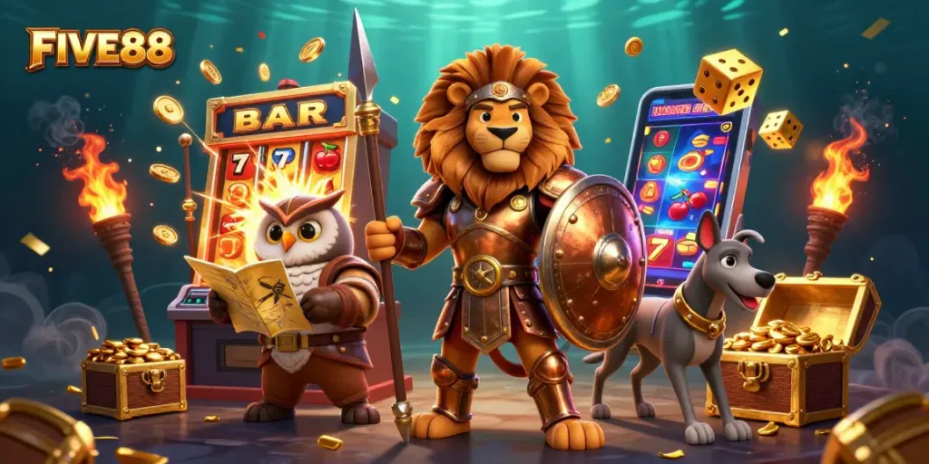 Engage with FIVE88's vibrant casino experience, featuring a Spartan lion, tactical owl, and greyhound amidst jackpot excitement.