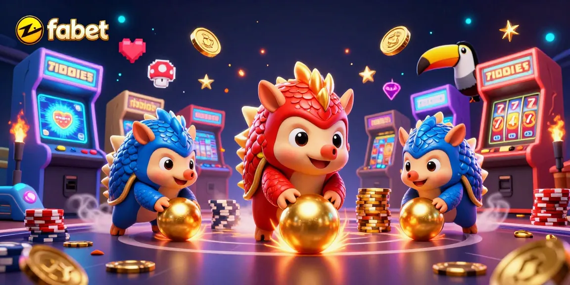 Engage with fabet in a dynamic 3D casino scene featuring colorful pangolin characters and lively game elements.