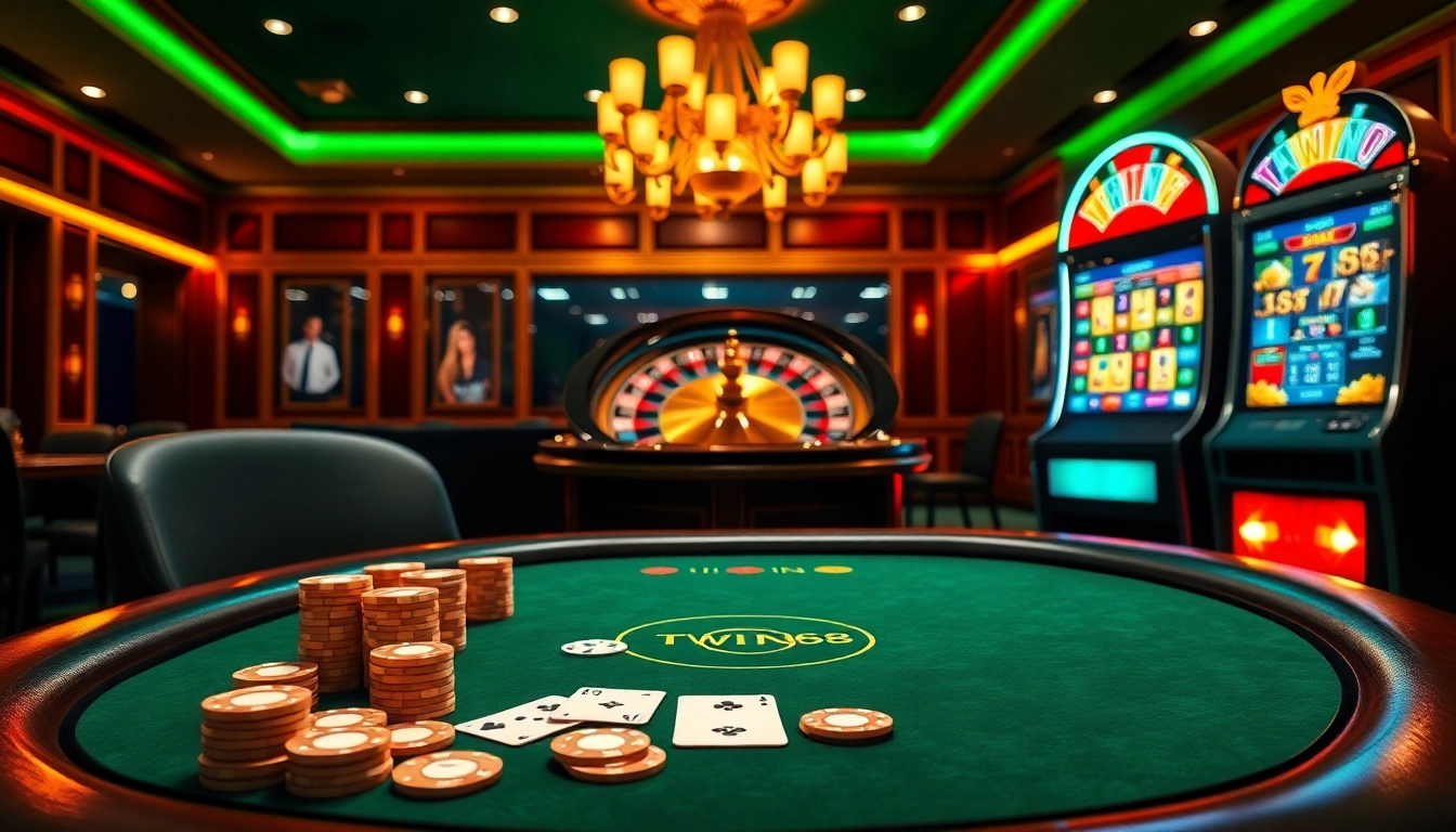TWIN68 engaging online gambling interface filled with poker chips, roulette wheel, and slot machine.