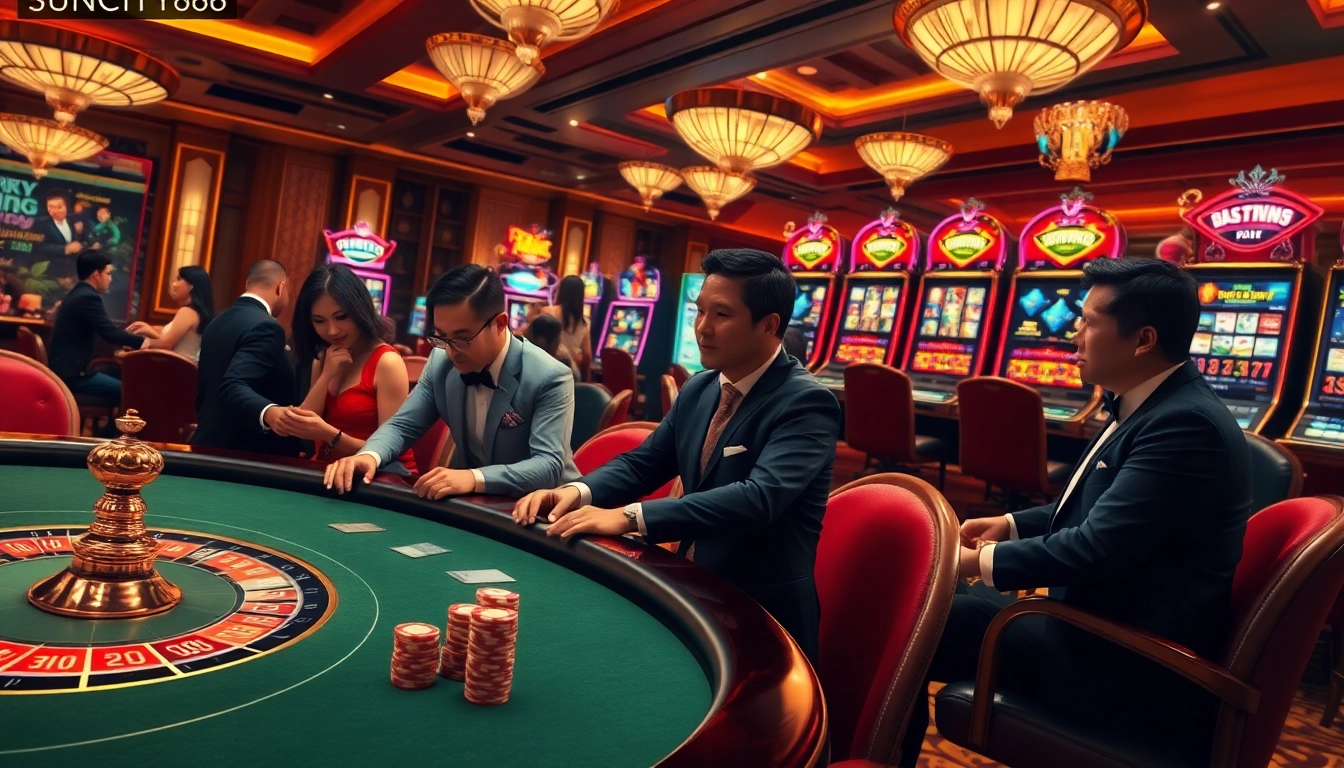 SUNCITY888 players enjoying high-stakes poker and vibrant slot machines in a luxurious casino atmosphere