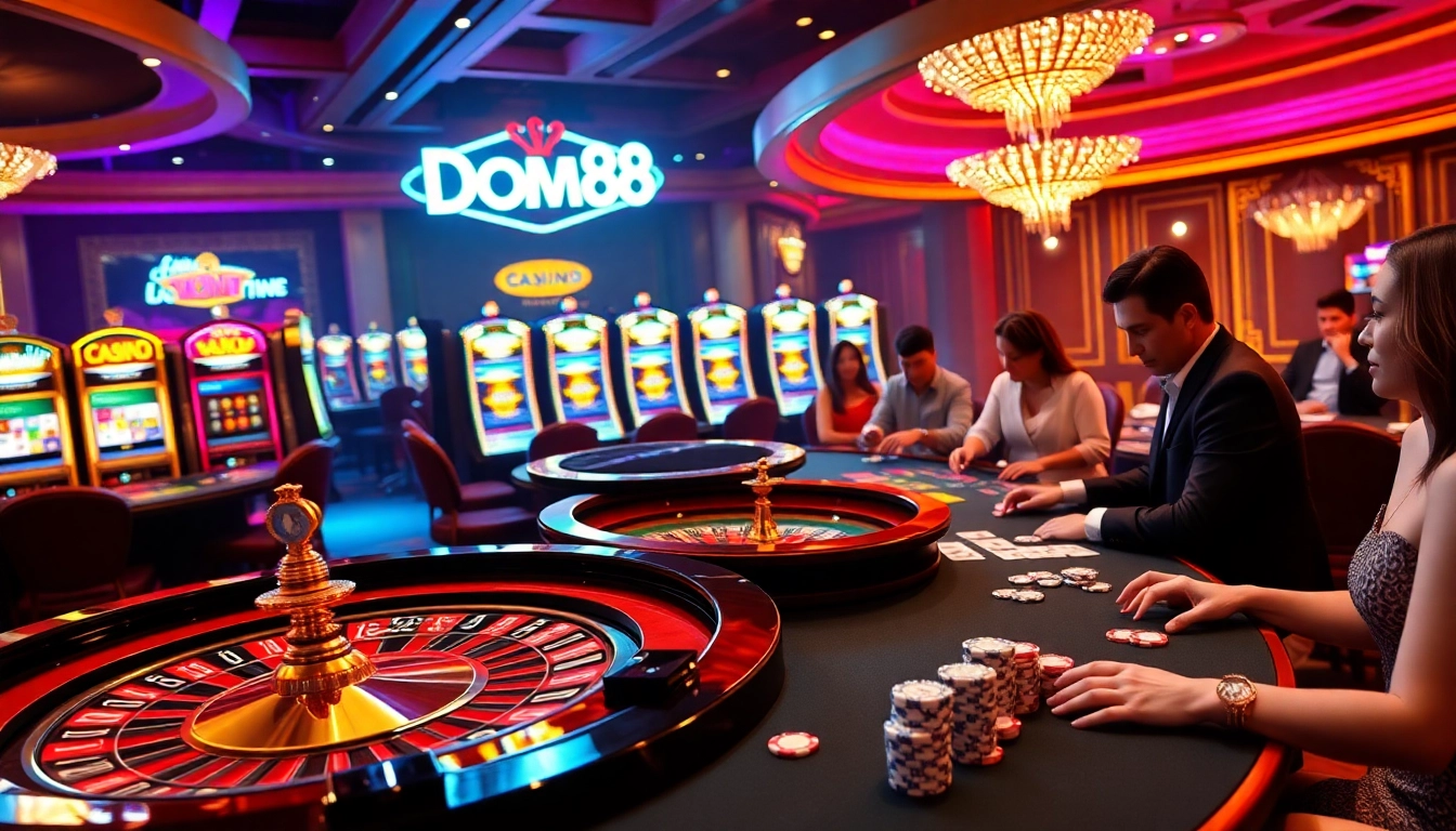 Experience the excitement of Dom88.us.com with players engaging in thrilling casino games and elegant surroundings.