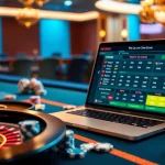Experience the excitement of online betting on 7m cn with a vivid casino scene featuring live scores, poker chips, and a roulette wheel.