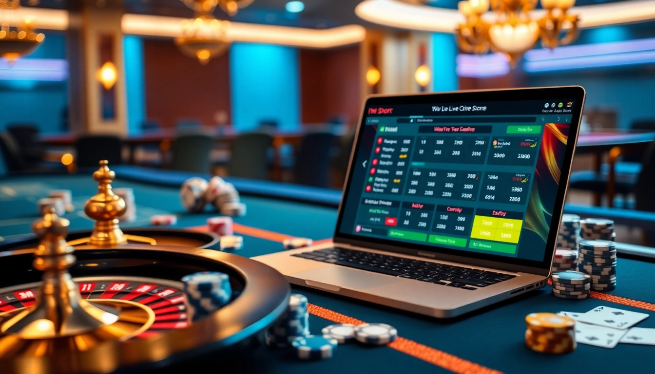 Experience the excitement of online betting on 7m cn with a vivid casino scene featuring live scores, poker chips, and a roulette wheel.