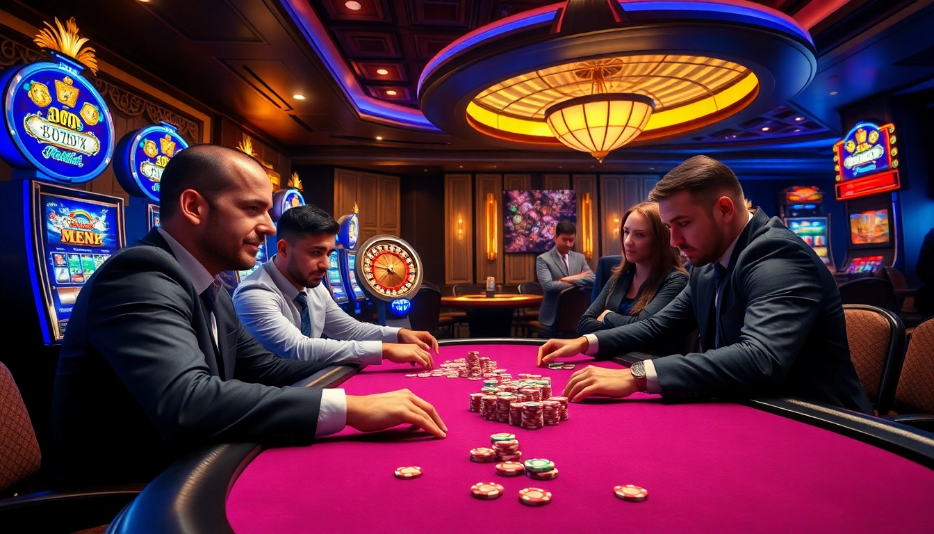 Engage with MB66 casino professionals at an upscale poker table amidst a vibrant gambling atmosphere.