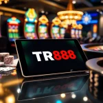 Experience the TR88 app interface amidst an engaging casino atmosphere with vibrant slot machines and poker chips.