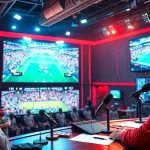 Engaging sports broadcasting studio with a host and live sports highlights.