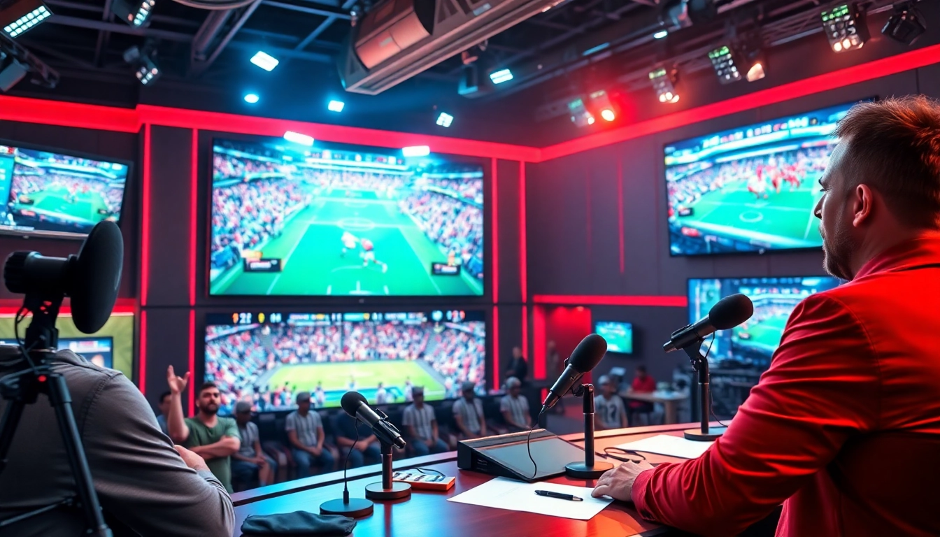Engaging sports broadcasting studio with a host and live sports highlights.