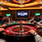 SCLUB88 players engaging in an exciting roulette game at a vibrant casino.