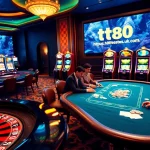 A lively casino scene featuring a roulette wheel and poker table, highlighting https://tt88a.uk.com/ offerings.