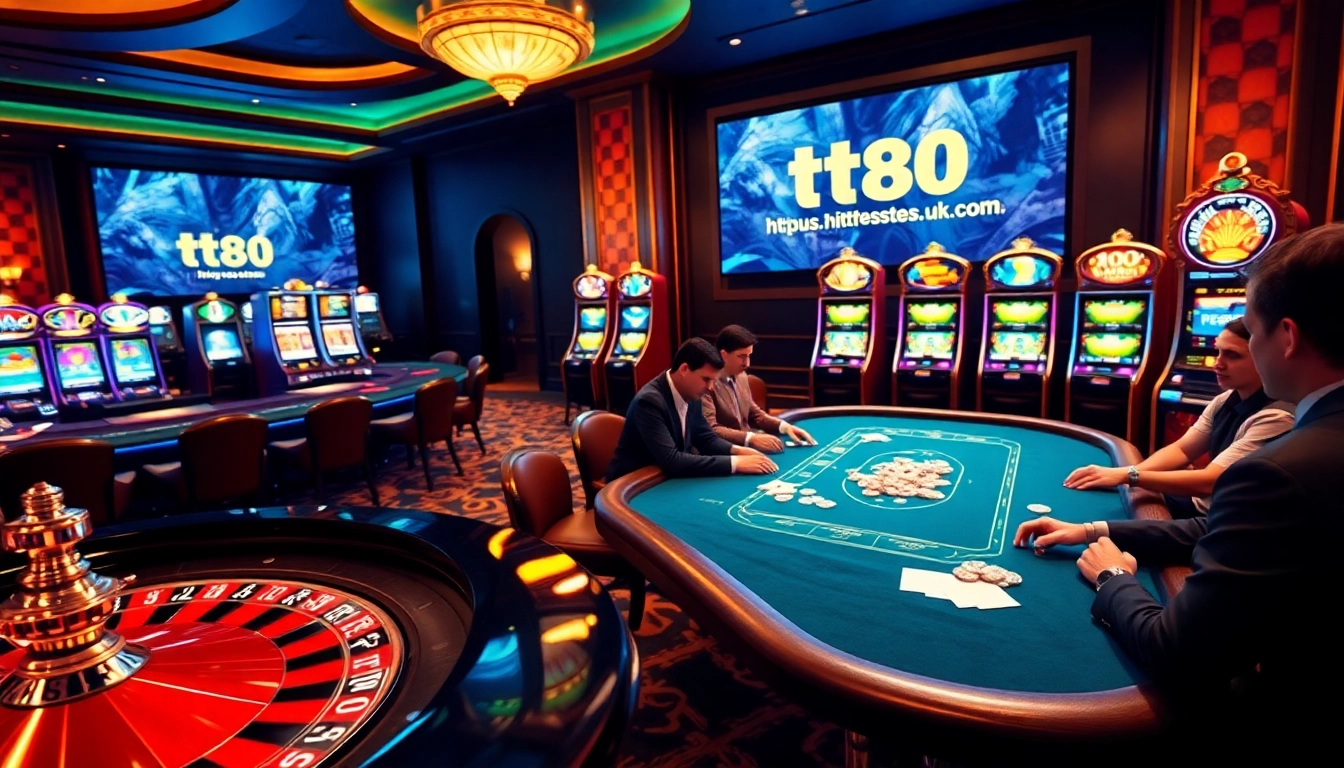 A lively casino scene featuring a roulette wheel and poker table, highlighting https://tt88a.uk.com/ offerings.