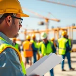 New Jersey Construction Manager reviewing plans at a busy construction site with workers.