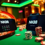 Experience the thrill of gambling with the NK88 APP displayed in a luxurious casino setting.