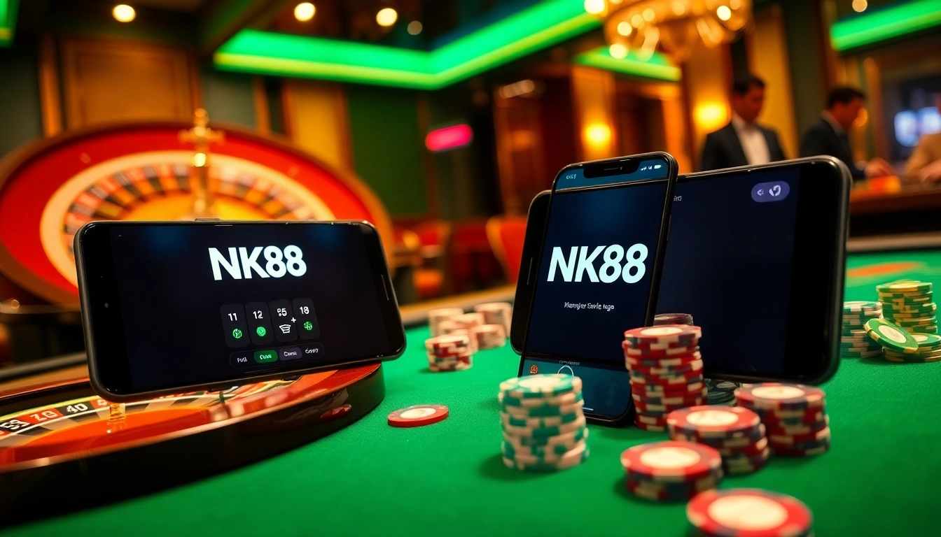 Experience the thrill of gambling with the NK88 APP displayed in a luxurious casino setting.