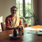 Engage in an insightful Ayurveda Consultation with a professional, surrounded by natural elements.